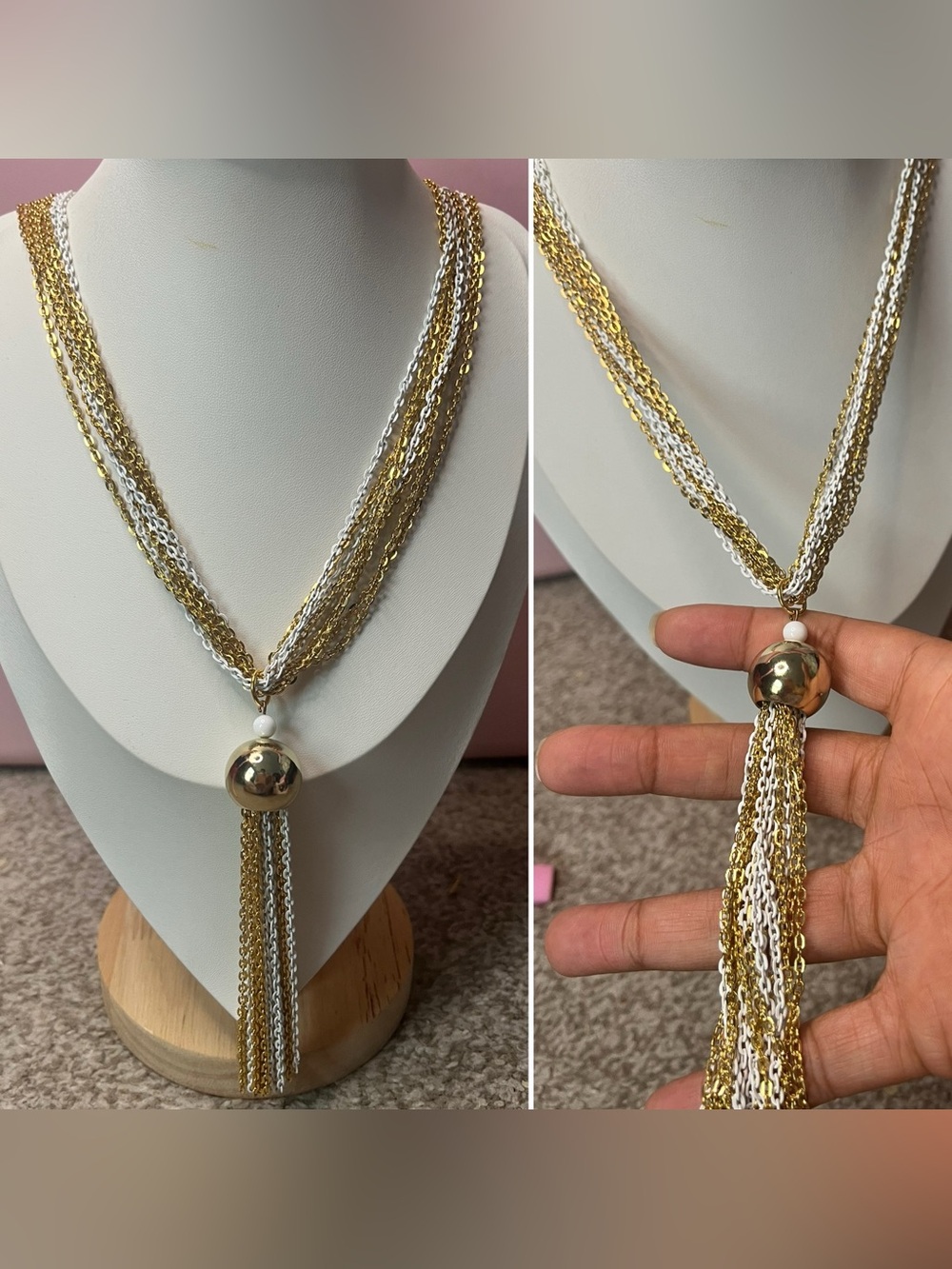 Vintage Two-Tone Gold & Silver Tassel Necklace with Polished Orb Accent